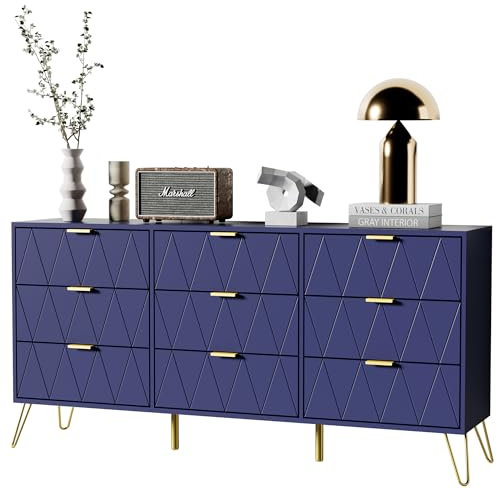 UEV Kommode mit Schublanden, 150x34x74cm, Schrank mit 9 Schublanden, Modernes Sideboard, TV Board, Aufbewahrungsschrank, Schmal kommode, Buffet, Schrank für Wohnzimmer Schlafzimmer,Flur, Dunkel blau