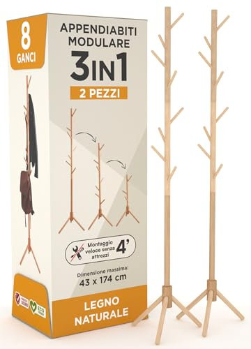 Eurocali 2 Appendiabiti Attaccapanni in Legno Naturale con 8 Ganci e Struttura Modulare 2 Altezze - per Cappotti Giacche Cappelli e Borse - Portabiti Ingresso e Ufficio - 174/124x43cm