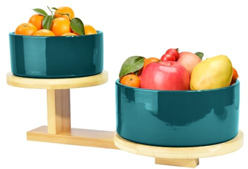BAKOUSTAR Fruit Basket for Kitchen Counter,2 Tier Ceramic Fruit Bowl with Bamboo Wood Stand for Sushi, Dessert, Fruit, Vegetables, Appetizer, Cake, Candy, Chip Dip (Green), large
