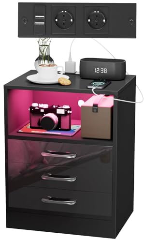 Nachttisch mit Steckdose & USB Nachttische Schwarz Nachtschrank LED Hochglanz nachtisch 3 Schubladen mit Led 16 Farben Beleuchtung Beistelltisch für Wohnzimmer, Schlafzimmer, 45x60x35cm Nachtkommode