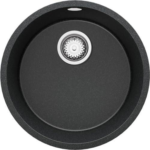 PRIMAGRAN Lavello Rotondo Grafite 46x46cm, Lavandino da Cucina a 1 vasca + Sifone Classico, Lavabo da Cucina Incasso al mobile 50cm - La Valletta Slim