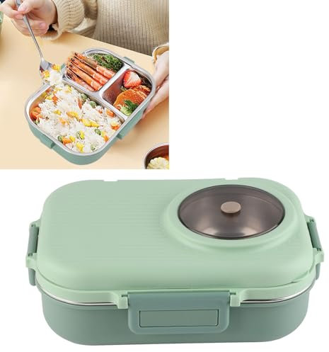 BAFOVY Thermal Lunch Box Double Layer 3 Grid Design Stainless Steel Box with 1100ml Capacity, for Adults, Teens, Kids, with Soup Bowl, for Healthy Family Meals (Green)
