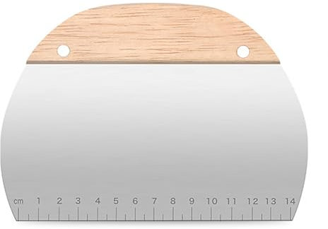 Lamkrtlp Teigschaber Edelstahl, Teigkarte mit Rutschfestem Holzgriff und Messskala, Halbkreisförmiger Teigspachtel für Kuchen, Pizza, Brotschneiden, Küchenbedarf