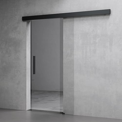 Mai & Mai Glasschiebetür komplettset softclose Schwarz Klarglas | Griffart: Stangengriff, BxH: 90x205cm, 25 mm Wandabstand, inkl. Soft-Close, 8mm ESG-Sicherheitsglas