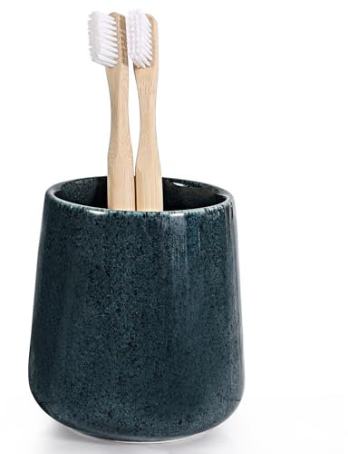 Autumnlife Zahnputzbecher Keramik Blau Zahnbürstenhalter, 350ml Zahnbürstenbecher Tassen Badezimmerbecher, Rund Zahnbecher Geeignet für Zahnbürste, Zahnpasta, Ø 7,6 x 9.5 cm, Dunkelblau