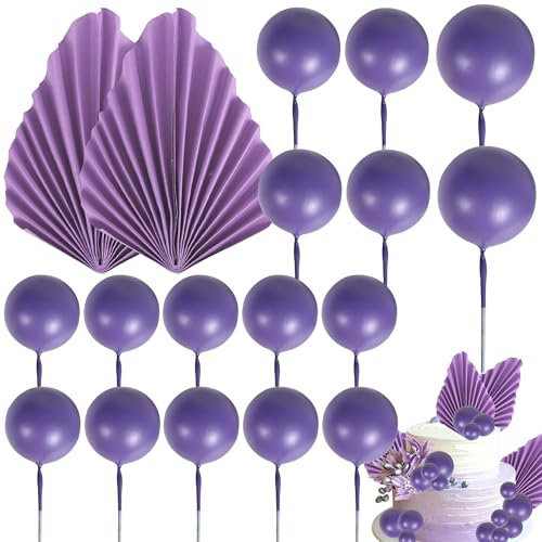 Xsstarmi 30 Pack Purple Paper Palm Fan Cake Topper Purple Balls Cake Pick Wedding Bridal Shower DIY Cake Decorations for Baby Shower Wedding Birthday Anniversary Party Supplies