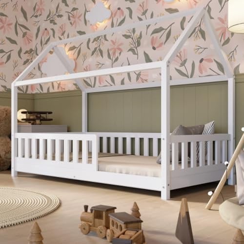 Crazy Pine Hausbett 90x200 cm – Kinderbett aus Naturholz in Weiß mit Rausfallschutz – Skandinavisches Design, Montessori Bodenbett mit Höhenverstellbaren Beinen - Crazy Blanco