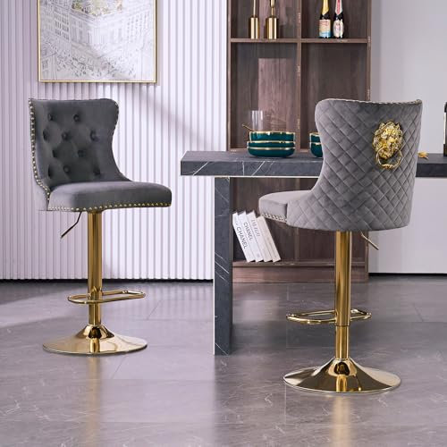 KHISCHMO Samt Barhocker 2er Set Samt Moderne Tresenhocker Höhenverstellbar mit Lehne Küchenhocker mit Löwenring-Zuggriff Drehbar für Küche Theke, Golden Grau