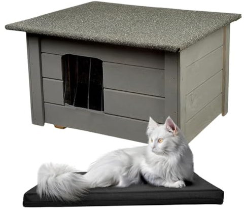 WOODOK Maison pour Chat extérieur isolée - 54x39x34 cm (Gris + + Matelas, 59P x 49l x 34H centimètres)