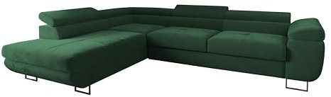 Ecksofa Luna mit Schlaffunktion und Bettkasten – 275x202 cm – verstellbare Kopfstützen – Liegefläche 193x125 cm – Couch – Schlafsofa – L-Sofa mit Stauraum (Monolith 37 Flaschengrün, Seite: Links)