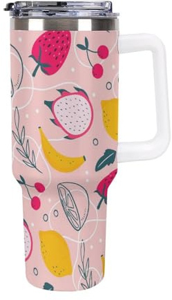 peiyeety Vaso térmico de 40 oz con asa, tapa y pajita, de acero inoxidable, reutilizable, para viaje, para hombres y mujeres, con asa blanca y estampado de frutas, 1 paquete