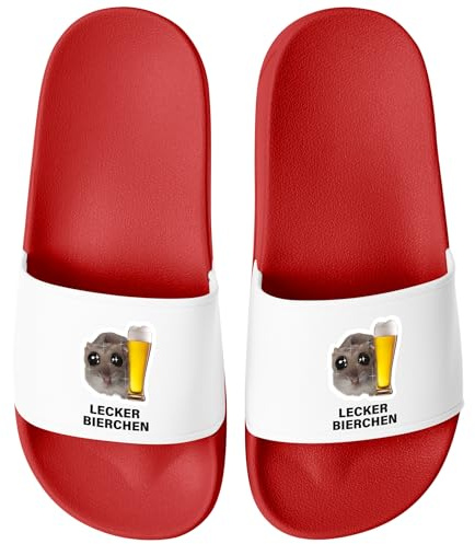 MoonWorks® Badeschlappen Herren Damen Unisex mit Spruch Lecker Bierchen Schlappen Hamster Meme Badelatschen Party Urlaub Rot-weiss 44