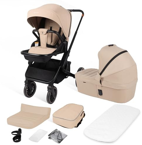 BabyVoyage Kombikinderwagen 2-in-1 ohne Babyschale – Babywanne & Sportsitz, Räder 360° Stoßdämpfer, Federung, Höhenverstellbarer Griff, Zusammenklappbargleiten, Zubehör-Khaki