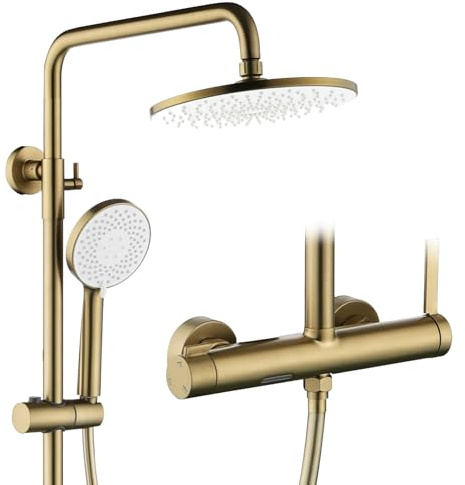 Columna Ducha,Conjunto de columna de ducha 3 funciones,oro cepillado,Cabezal de ducha de lluvia redondo de 230 mmDucha de mano de 3 modos,Conjunto de ducha con grifo,Sistema de ducha de pared