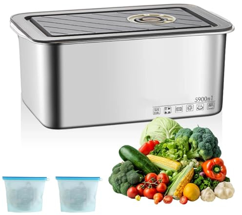 Boite Alimentaire Inox de 5900ml, DEANKEJI Boite Conservation Alimentaire avec 2 Sacs Congélation, Boites Alimentaires Hermétiques en Acier Inoxydable 316, pour Réfrigérateur, Micro-Ondes et Four