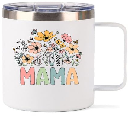 Xinvast Mama Insulated Mug with Handle, Stainless Steel Double Wall Vacuum Metal Coffee Tumbler Cup for Mom Grandma 14 oz