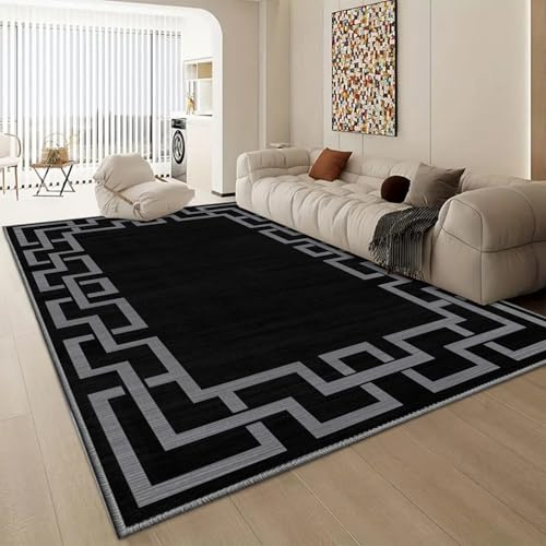 Aspire Homeware Rugs living room Large 200x290 cm Bedroom Rug – Easy to Clean Greek Key Style Large Black Rugs - Anti-Slip Backing Floor Carpets for Kids room, Dinning Room (Nico Black)