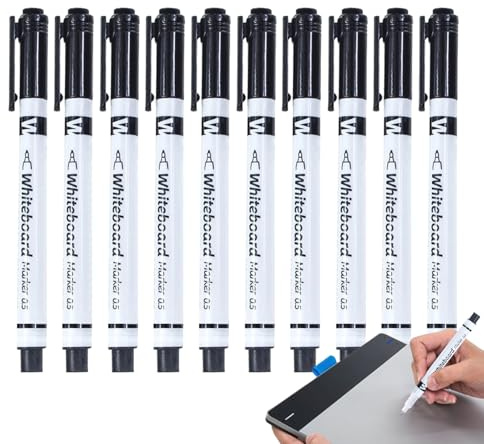 Whiteboard Markers - Pack of 10 Pens with Mop Head | 0.5 mm Erasable Marker with Eraser, for Whiteboard, Calendar, Classroom, School, Nursery