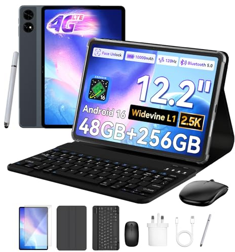 2026 upgrated tablets 12 Inch Android 16 Tablets with Keyboard, 2.5K Display for High-Res Gaming/Art/Productivity, tablet with sim card slot, 24GB+256GB, 4G LTE/5G WiFi/Octa-Core/10000mAh/GMS/GPS