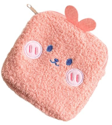 Pochette de Rangement Mini en Peluche Rose, Motif Cartoon | Fermeture Zippée, Format Compact, pour Serviettes Hygiéniques et Bijoux, Usage Intérieur Scolaire