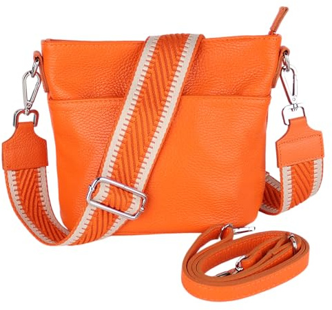 MIRROSI Damen Umhängetasche, Crossbody Bag, Echtleder I Made in Italy (1 Tasche 1 oder 2 Gurt(e)), 24x18x12cm (BXHXT) Mittelgroß (Upgrade Version (mit 2 Gurte): Orange Uni)