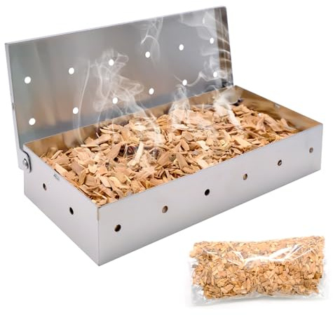 Fipfovpa BBQ Räucherbox Set, Smokerbox aus Edelstahl zum Grillen | Räucherbox inkl. Apfel Räucherchips, Edelstahl Smoker Box, Smokergrill-Flair für Fleisch, Fisch&Gemüse