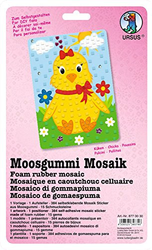 Ursus 8770030 - Moosgummi Mosaikbild, Küken, ca. 23 x 16 cm, Set mit vorgedrucktem Motiv, Aufsteller, 384 Moosgummi Sticker in 6 Farben und 15 Schmucksteine