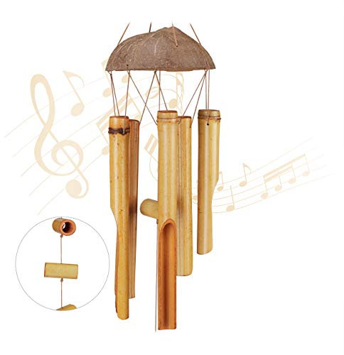 Relaxdays Windspiel Bambus, Holz Klangspiel, wetterfest, für Balkon, Garten, schöner Klang, Feng Shui Deko, 71 cm, Natur