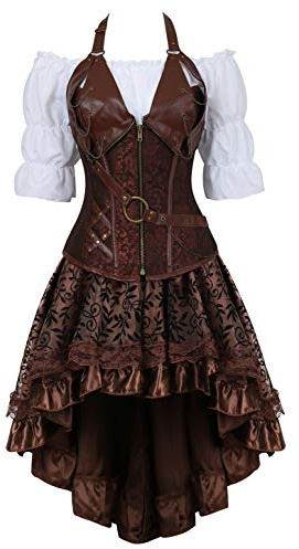 Grebrafan Steampunk Halloween Corsage mit Rock und Piratenbluse | Piratin Kostüm Korsett Damen Fasching