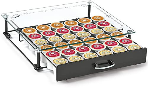 Coffee Pod Holder, Tempered Glass Gray Coffee Pod Drawer 36 K Cup Pod Pack Holder, Compact Under Coffee Pot Storage Sliding Drawer, Home Kitchen Counter Organizer