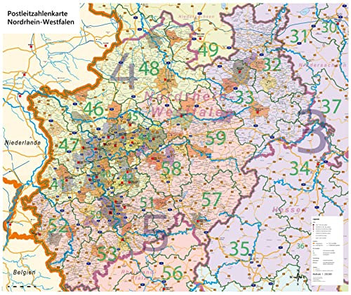 GeoMetro XL Postleitzahlenkarte von Nordrhein-Westfalen NRW mit Laminierung (Größe: 1,18 x 1,0m), reißfest, beschreibbar, inkl. digitaler PLZ-Karte