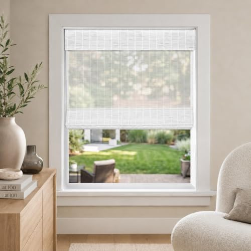 CHICOLOGY Jalousien, Raffrollo aus Bambus, Terrasse, Jalousien und Schatten, Fensterschutz, 68,6 cm B x 162,6 cm H, Schnee | Echter gewebter Bambus, kabelloser Aufzug, passender Volant, nur Fleckenreinigung, Innen- und Außenmontage
