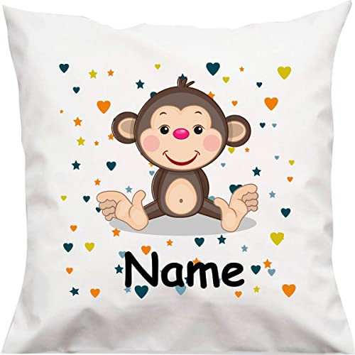 Shirtinstyle Kuschelkissen AFFE mit Wunschnamen Tiermotiv Herzen Sterne, Kinderzimmer Kuscheln, Kopfkissen Dekokissen mit Füllung, Größe 40X40cm, Farbe weiß, Samt