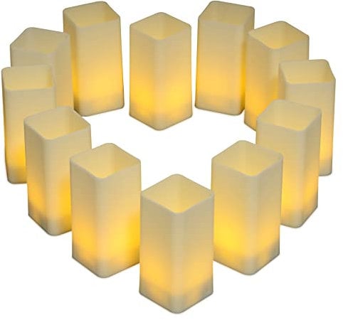 Ymenow LED Candles with Timer, 12pcs Flameless Battery Operated Fake Flickering Square Candle Lights for Home Room Table Decor, Automatically ON/Off, H 7.5 x W 3.6 cm, Batteries Included