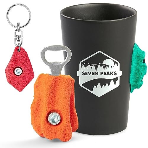 Tasse aus Keramik mit professionellem Kletterpresse | Schlüsselanhänger mit Klimber und manueller Bieröffner - Set für Klettern und Abenteuer