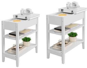 HOCSOK Beistelltisch 2er Set, Beistelltisch Couch, Sofatisch Weiß Kaffeetisch mit Stauraumür Kaffee und Laptop, Wohnzimmer, Schlafzimmer, Balkon, 60 x 30 x 60 cm