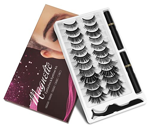 Magnetic Eyelashes and Eyeliner Kit, 12 Pairs Reusable Magnetic Lashes with Eyeliner and Tweezers, 3D Natural Look False Eyelashes, Easy to Wear, No Glue Needed (12pcs)