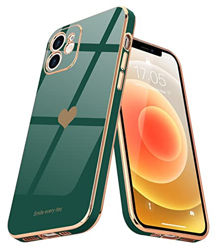 Teageo for iPhone 12 Case Cute Heart Pattern for Women Girls Slim Luxury Bling Plating Soft TPU Anti-Scratch Shockproof Bumper Phone Case for iPhone 12, Blackish Green