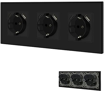 BSEED Enchufe de pared con puertos USB(tipo C y tipo A 2,1 A total),Negro Triple Schuko Enchufe con clips,16A 250V Enchufe de pared con 2 x cargadores USB y Tipo C adecuado para Smartphone MP3 Tablet