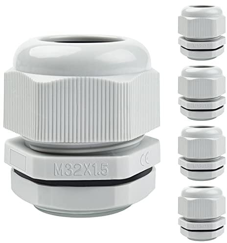 5 Pack Cable Glands M32, Hanibos IP68 Waterproof Cable Glands Nylon Compression Glands Connectors with Locknut and Washer Suitable for 16-21mm Cables White