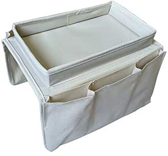 Mateju Sofa Armrest Organizer with Tray, Armchair Hanging Storage Bag with 4 Pockets, Couch Recliner Caddy Pocket for TV Remote Control, Phone, Magazines, Books, Pens (White,31 * 18 * 4.5cm)