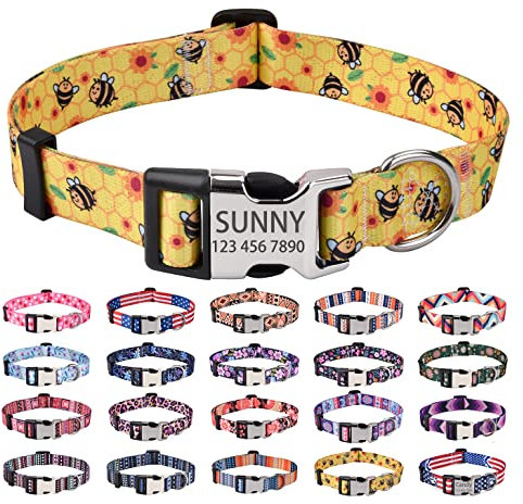 Mihqy Personalisiertes Hundehalsband mit Eingraviertem Namen und Telefonnummer - Weich & Komfort Hunde Halsband Hundehalsbänder für Kleine Mittlere Große Hunde(Biene,M)