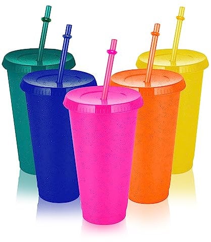 xocome 5 PCS Plastic Cups with Lids & Straws, 24OZ Reusable Colourful Glitter Cups Cold Cups Set for Cold Drinks Iced Coffee Cups for Parties