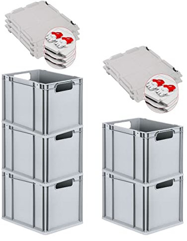 PROREGAL SuperSparSet 5x Eurobox NextGen Economy mit Scharnierdeckel & roten Verschlüssen | Griffe offen | HxBxT 32x30x40cm | 30 Liter | Eurobehälter Transportbox Transportbehälter Stapelbehälter