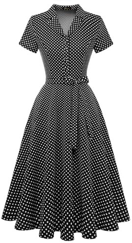 Wedtrend Robe vintage à manches courtes pour femme, robe de cocktail, de fête, de travail, d'église, décontractée, Petit pois noirs et blancs, XX-Large