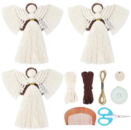FREEBLOSS 3er Set Makramee-Engel Kit Makramee-Kit für Anfänger Makramee-Set für Anfänger mit Anleitung Boho Engel Dekoration Erwachsene Craft Kit für Weihnachten Geburtstag Geschenk