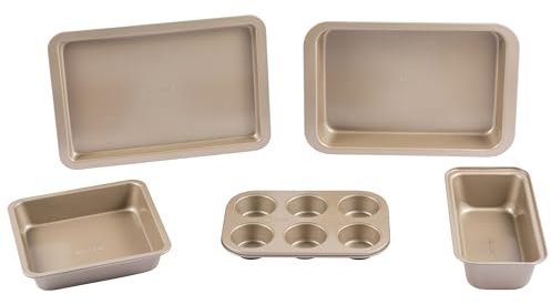 Salter Bakes 5 Piece Bakeware Set – Non-Stick Coated Roaster, Baking Tray, Square Pan, Loaf Tin, Muffin Tray, Oven Safe Up to 220°C, PFOA-Free, for Cake/Cookies/Bread/Muffins, Gold