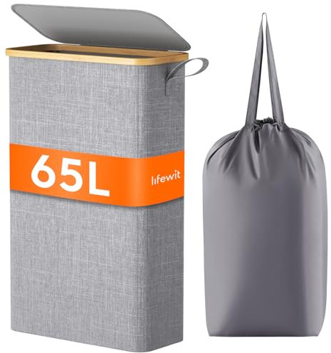 Lifewit Panier à Linge Extra Plat 65L, Paniere a Linge Sale avec Couvercle, Corbeille a Linge Bambou avec Sac Amovible et Poignée, Bac Linge Etroit pour Chambre, Salle de Bain, Buanderie, Gris
