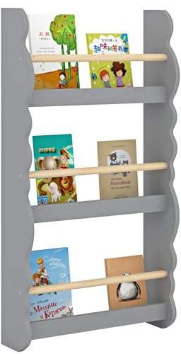 Luebel® Kids Bookcase Wall Shelf, Children's Bookshelf Storage Display Rack, Wooden Book Organizer for Children's Room (Grey-3 Tier, 42.5x80CM)