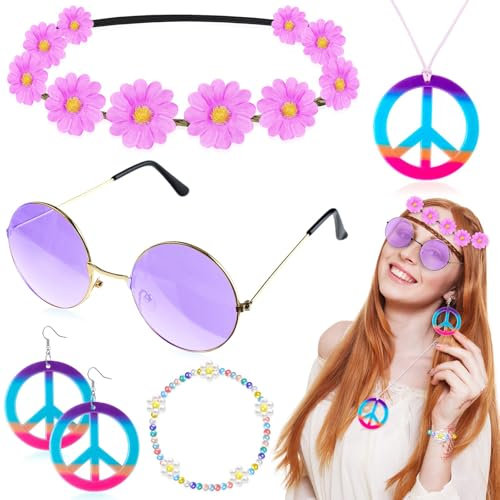 Sunwuun 5 Stück Hippie Accessoires Damen,70er Jahre Accessoires,Hippie Brille,Peace Ohrringe,Peace Kette Hippie,Haarband,Halskette,Hippie Kostüm Zubehör,Flower Power Accessoires